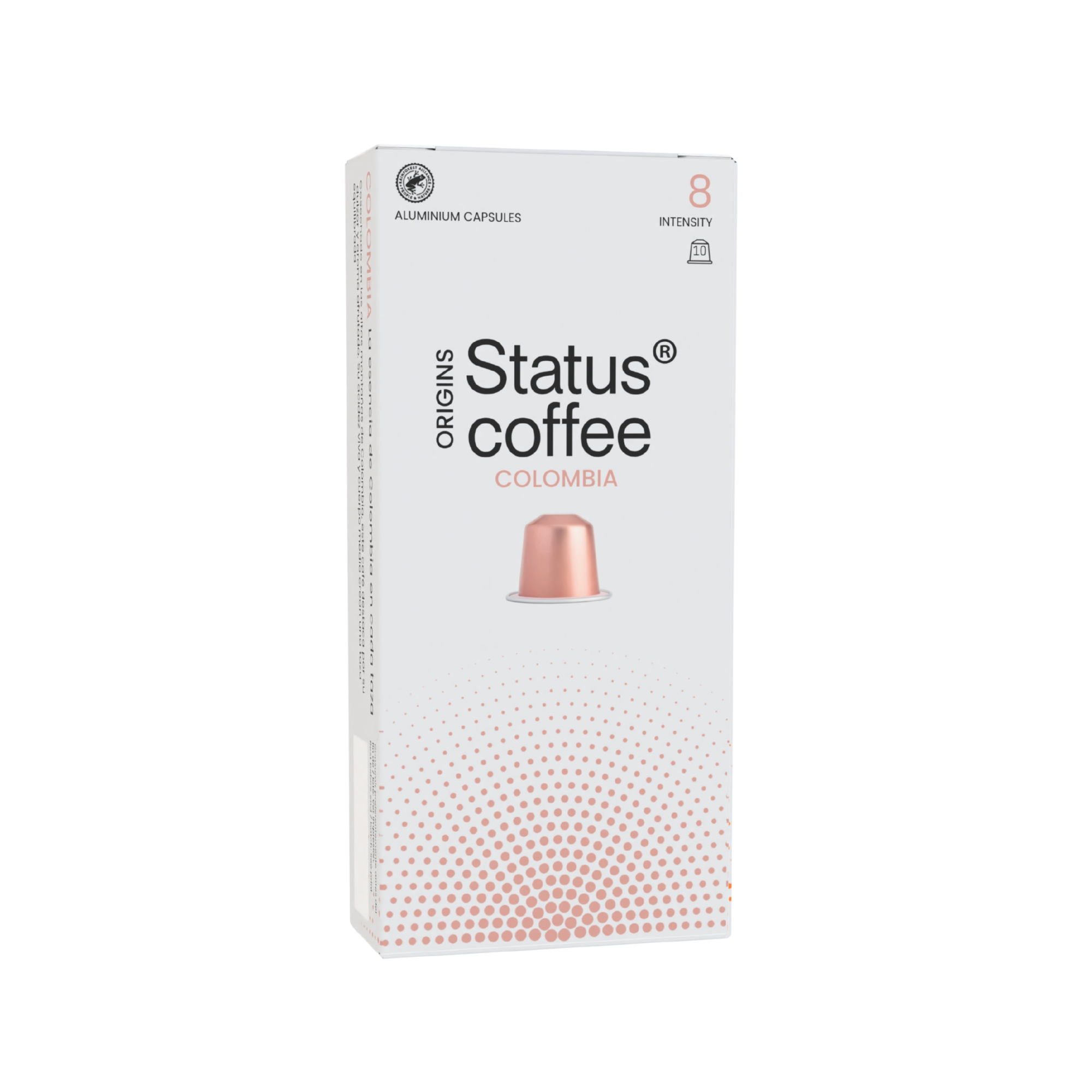Caja de cápsulas de café colombia Status Coffee, aluminio, intensidad 8