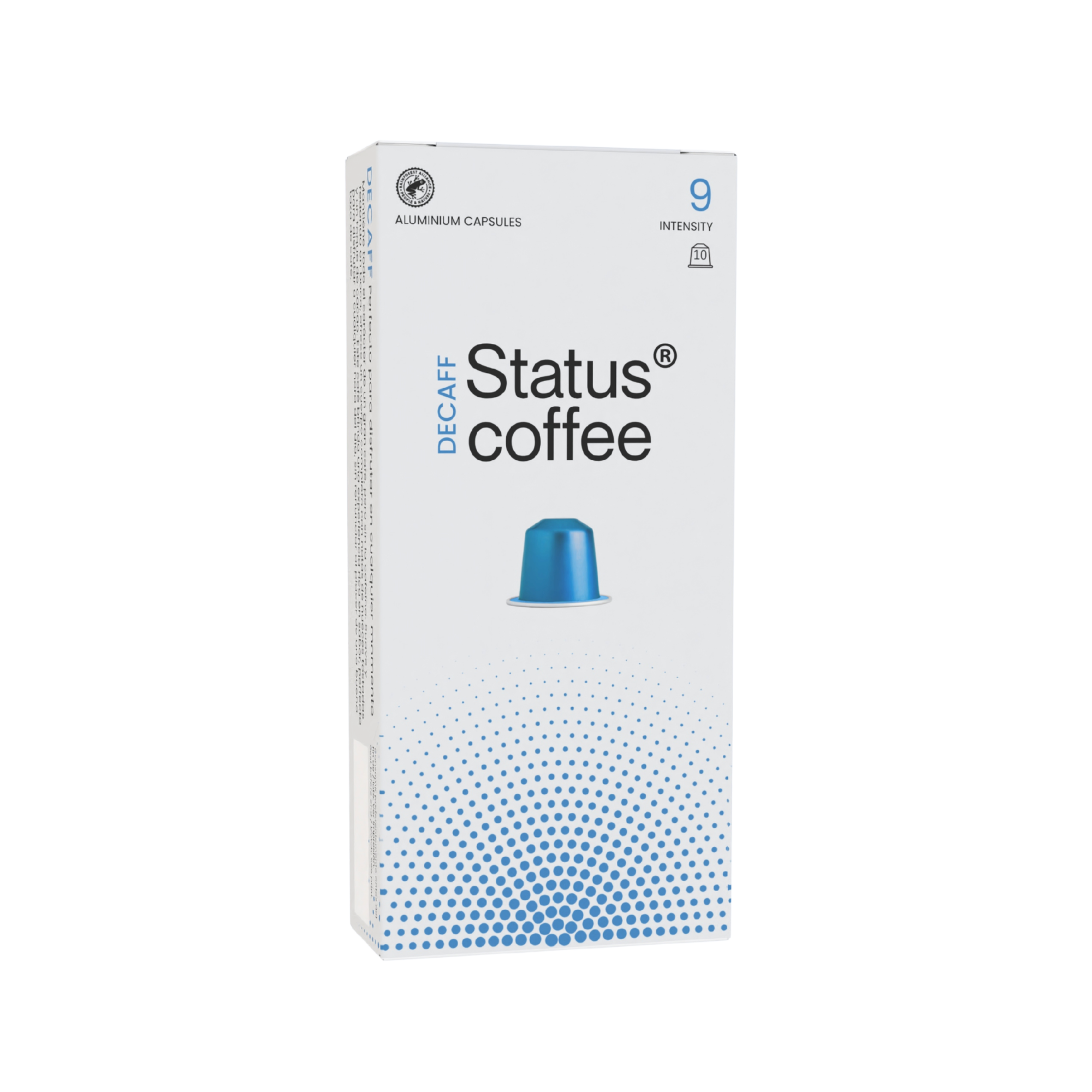 Caja de cápsulas de café descafeinado Status Coffee, aluminio, intensidad 9
